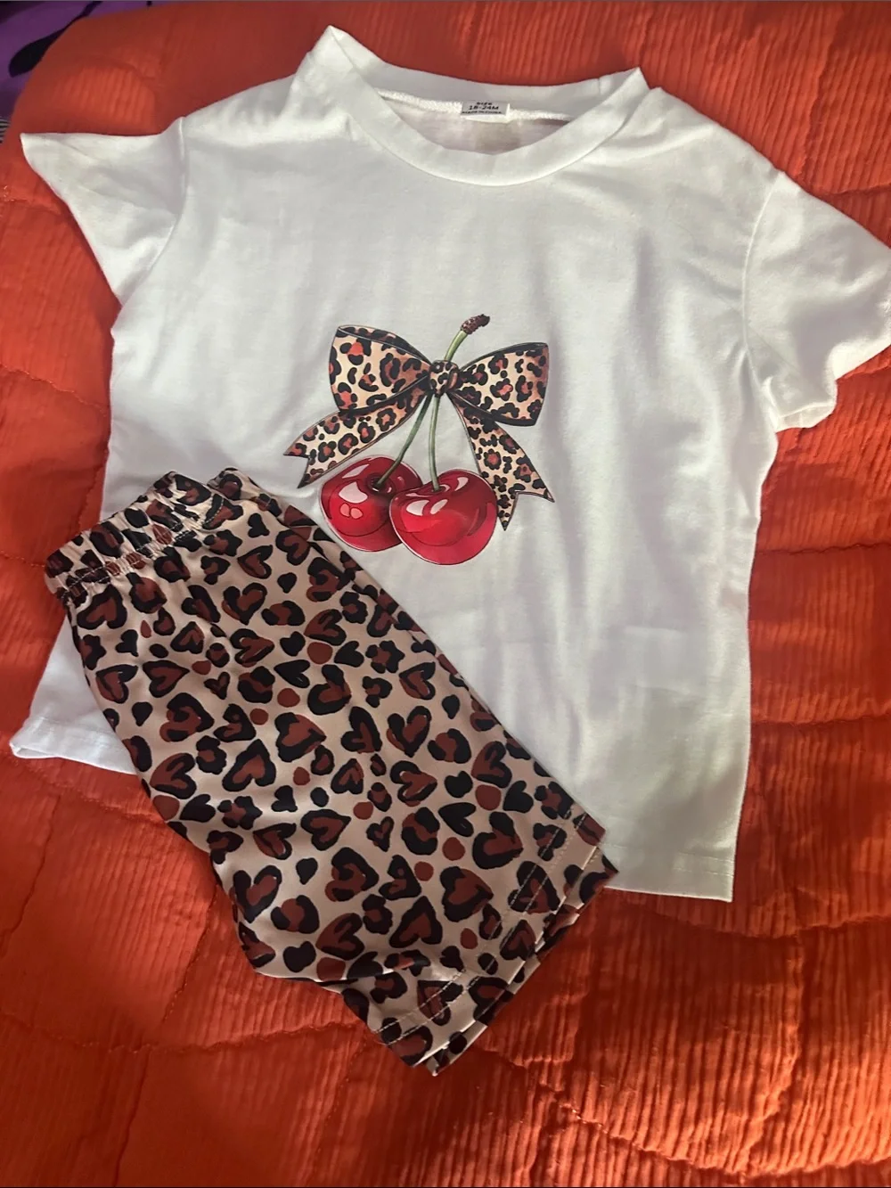 SHEIN White Kids Cherry & Leopard-Print Pajama Set